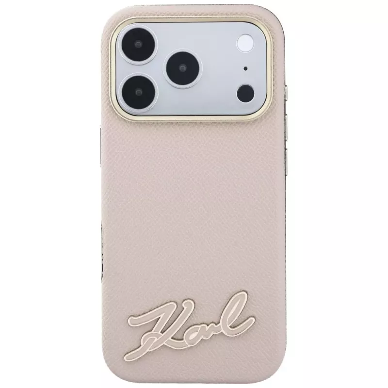 Karl Lagerfeld grūdėtos tekstūros dėklas su dervos logotipu, MagSafe, skirtas iPhone 18 Pro / 17 Pro, rožinis