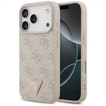 Guess Leather 4G Triangle Strass MagSafe dėklas iPhone 18 Pro / 17 Pro, rožinis