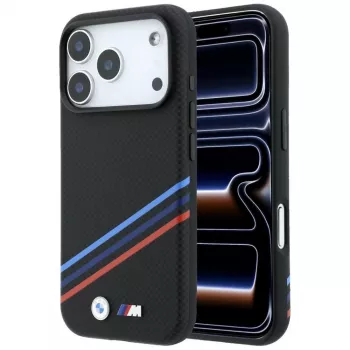 BMW M Quadrille Kevlar Print Tricolor Lines & Metal Logo MagSafe dėklas, skirtas iPhone 18 Pro Max / 17 Pro Max, juodas