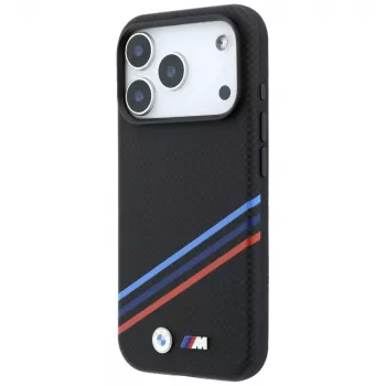 BMW M Quadrille Kevlar Print Tricolor Lines & Metal Logo MagSafe dėklas, skirtas iPhone 18 Pro Max / 17 Pro Max, juodas