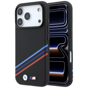 BMW M Quadrille Kevlar Print Tricolor Lines & Metal Logo MagSafe dėklas, skirtas iPhone 18 Pro / 17 Pro, juodas