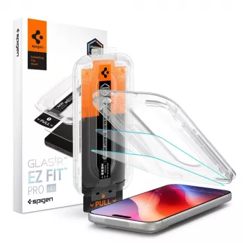 Spigen Glas.TR EZ Fit Pro HD AC 2 vienetų rinkinys grūdintas stiklas iPhone 16 Pro / 17 / 17 Pro / 18 Pro permatomas