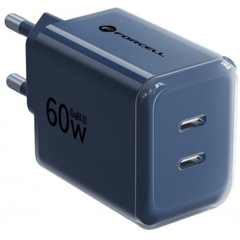 Forcell F-Energy GaN III VT-60 60W PD QC 4.0+ 2x USB-C sieninis įkroviklis tamsiai mėlynas + USB-C kabelis