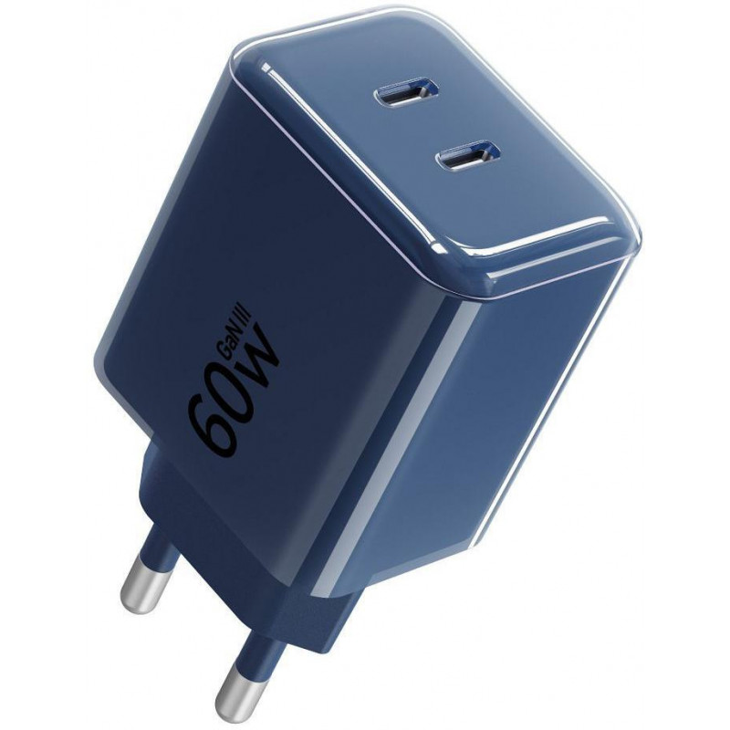 Forcell F-Energy GaN III VT-60 60W PD QC 4.0+ 2x USB-C sieninis įkroviklis tamsiai mėlynas + USB-C kabelis