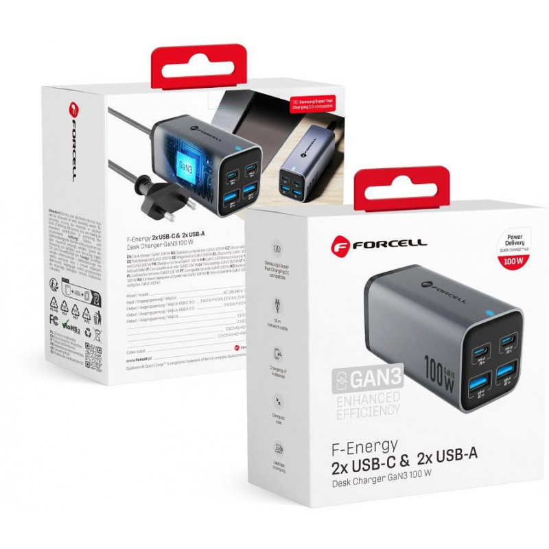 Forcell F-Energy GaN III VT-49 stalinis įkroviklis, 2x USB-C + 2x USB-A, PD, QC 4.0, 100 W, pilkas
