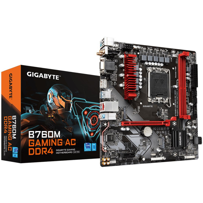 GIGABYTE B760M GAMING AC DDR4 pagrindinė plokštė, Intel Core 14-osios kartos, 6+2+1 fazių VRM, DDR4 iki 5333 MHz (OC), 2x M.2 PCIe 4.0, Wi-Fi 802.11ac, 2.5GbE LAN