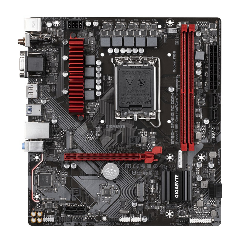 GIGABYTE B760M GAMING AC DDR4 pagrindinė plokštė, Intel Core 14-osios kartos, 6+2+1 fazių VRM, DDR4 iki 5333 MHz (OC), 2x M.2 PCIe 4.0, Wi-Fi 802.11ac, 2.5GbE LAN