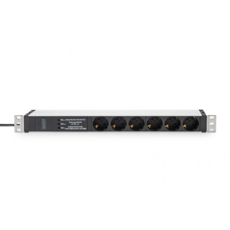 Digitus DN-95432 19 inch stelažo PDU, 6x Schuko, 2 m kabelis, Schuko kištukas, 16 A, apsauga nuo viršįtampių ir filtras