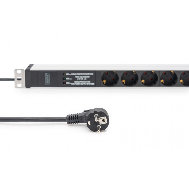 Digitus DN-95432 19 inch stelažo PDU, 6x Schuko, 2 m kabelis, Schuko kištukas, 16 A, apsauga nuo viršįtampių ir filtras