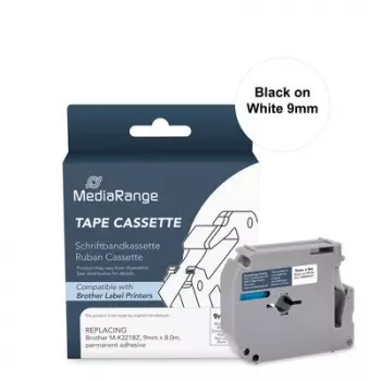 MediaRange etikečių juostos kasetė, skirta Brother M-K221BZ, 9 mm x 8 m, juodas ant balto