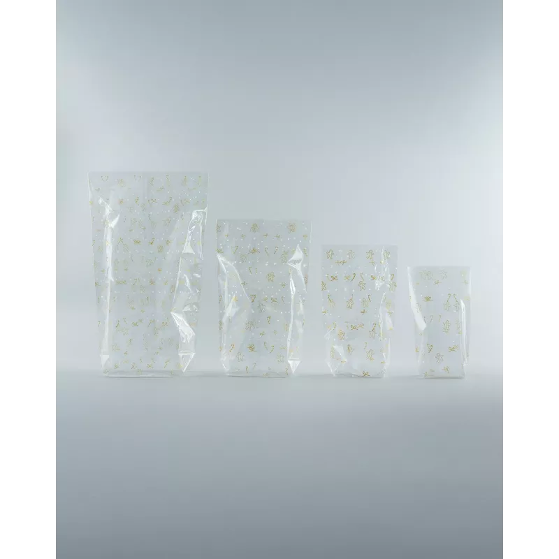 folia celofano maišelis 9.5 x 16.0 cm permatomas su auksiniu spaudu