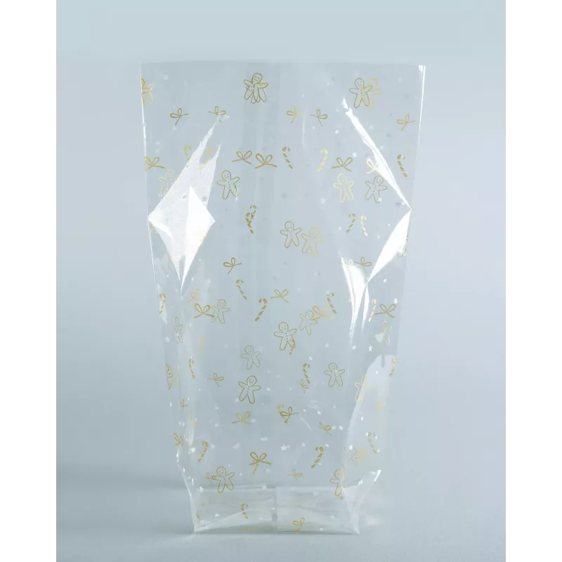 folia celofano maišelis 9.5 x 16.0 cm permatomas su auksiniu spaudu