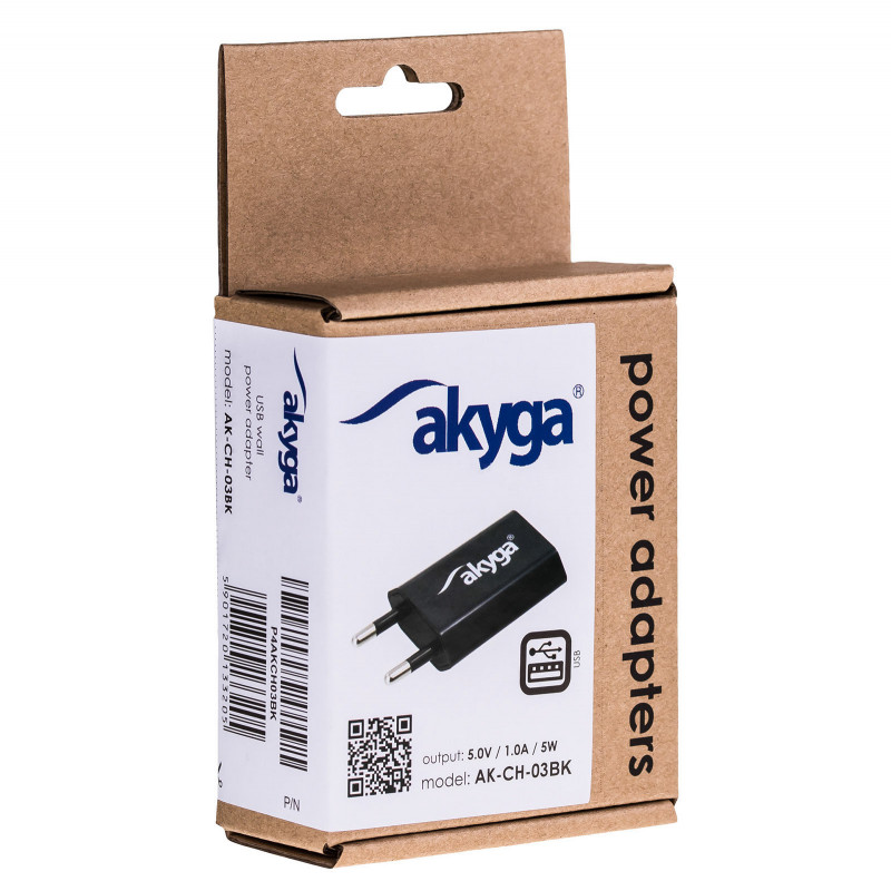 Sieninis įkroviklis Akyga AK-CH-03BK 5W USB-A 5V / 1A juodas