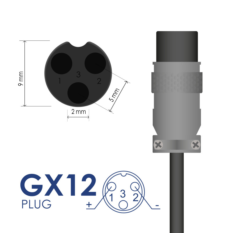 Akyga AK-EV-02 elektrinių dviračių ir paspirtukų įkroviklis 24 V akumuliatoriams, 29,4 V / 2 A, 60 W, GX12 9 mm lizdas, 1 m