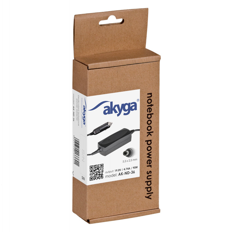 Akyga AK-ND-36 automobilinis nešiojamojo kompiuterio įkroviklis 19 V / 4,74 A, 90 W, 5,5 x 2,5 mm, skirtas ASUS / Toshiba