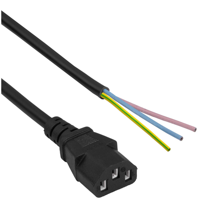 Akyga AK-OT-02A maitinimo kabelis IEC C13 – atviras galas, CCA 3 x 0,5 mm², 1,5 m, juodas