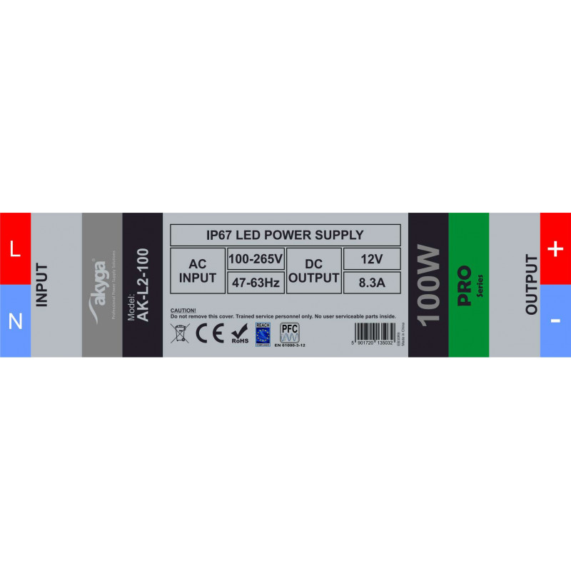 Akyga AK-L2-100 hermetiškas impulsinis LED maitinimo šaltinis 12 V, 8,3 A, 100 W, IP67