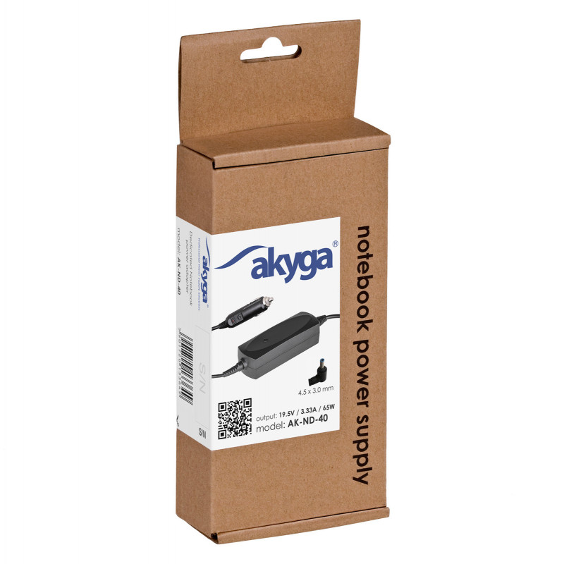 Akyga AK-ND-40 automobilinis nešiojamojo kompiuterio įkroviklis 19,5 V / 3,33 A, 65 W, 4,5 x 3,0 mm + kaištis, skirtas HP