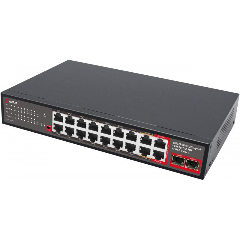 Getfort GF-120G-16P-240 PoE komutatorius, 16 x 10/100 PoE + 2 x GE + 2 x SFP, 240 W