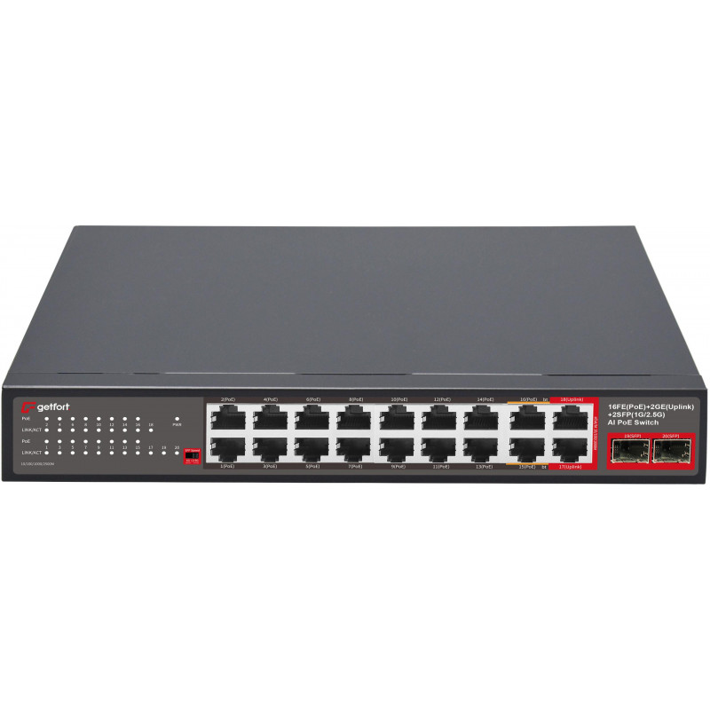 Getfort GF-120G-16P-240 PoE komutatorius, 16 x 10/100 PoE + 2 x GE + 2 x SFP, 240 W