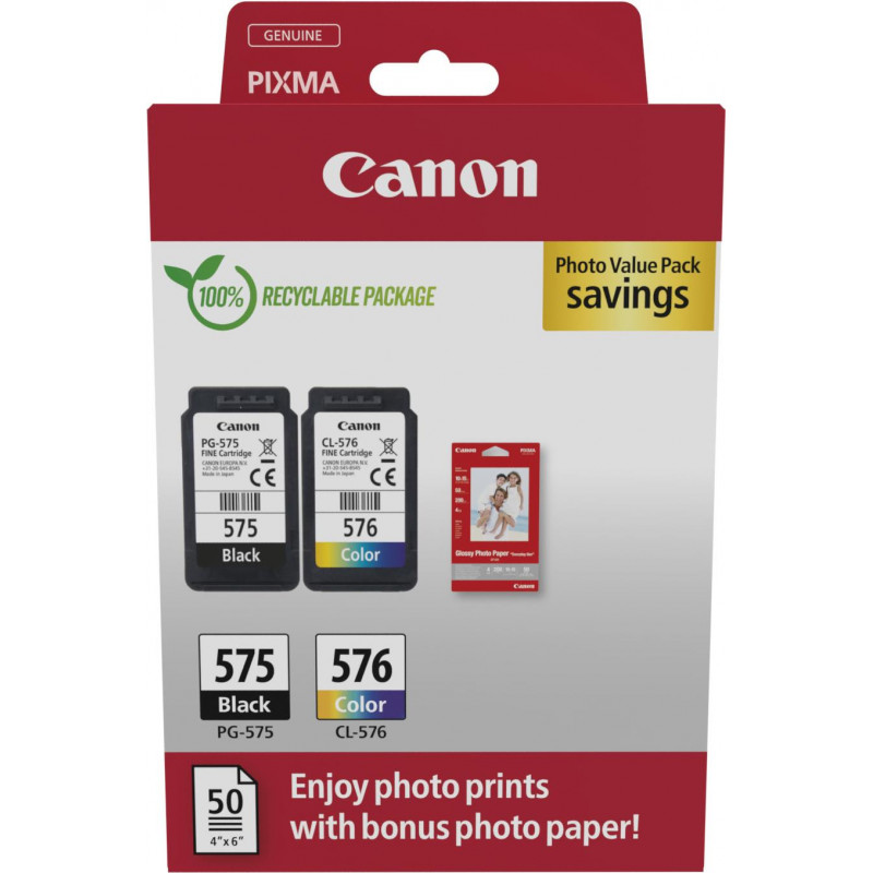 Canon PG-575/CL-576 Photo Value Pack, juoda + spalvota rašalo kasetės (2 vnt.) su fotopopieriumi