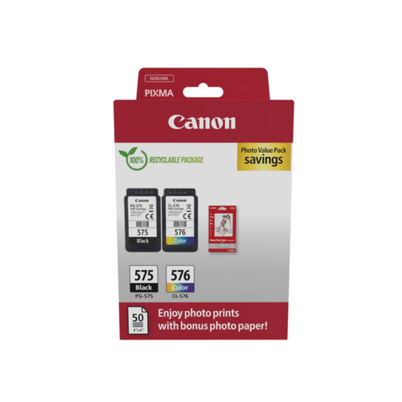 Canon PG-575/CL-576 Photo Value Pack, juoda + spalvota rašalo kasetės (2 vnt.) su fotopopieriumi