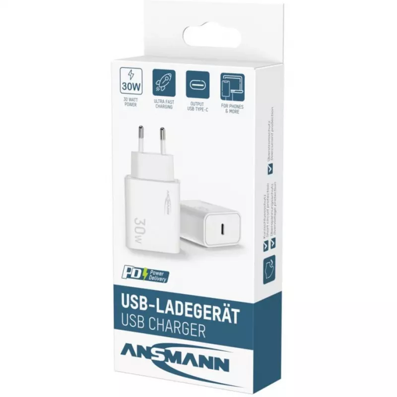 Ansmann Home Charger HC130PD USB įkroviklis, 1x USB-C, PPS, PD, Quick Charge, 30 W, baltas