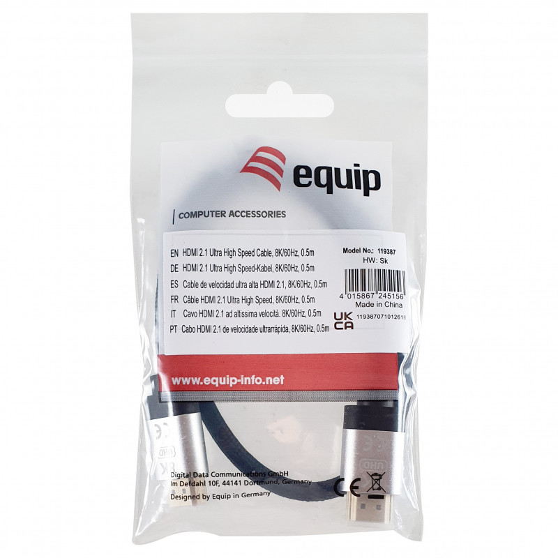 Equip 119387 HDMI 2.1 Ultra High Speed kabelis su Ethernet, 48 Gbps, 8K/60 Hz, juodas, 0,5 m