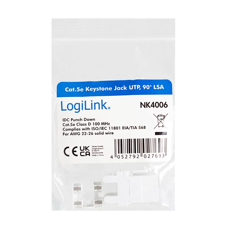 LogiLink NK4006 RJ45 keystone modulis, Cat.5e UTP, 90° įspaudimas, baltas