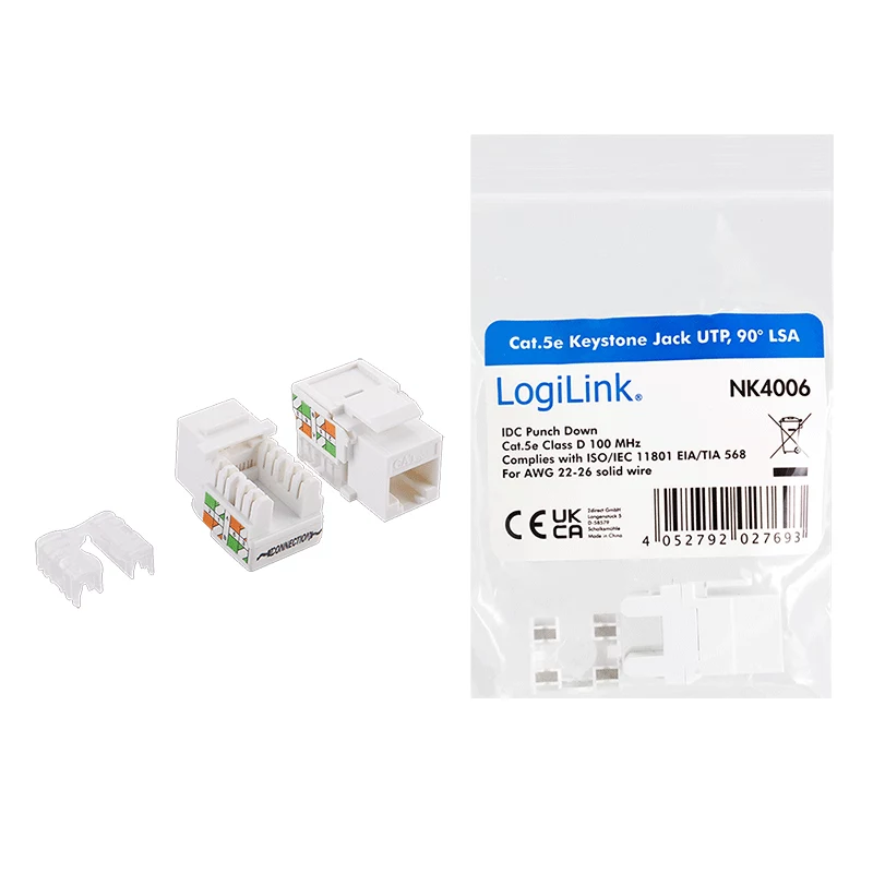LogiLink NK4006 RJ45 keystone modulis, Cat.5e UTP, 90° įspaudimas, baltas