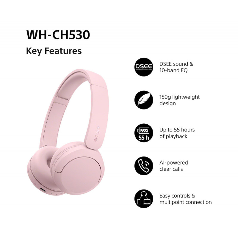 Sony WH-CH530 Bluetooth ausinės ant ausų su mikrofonu, triukšmo mažinimas, rožinės