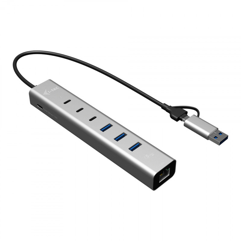i-tec CAHUBMETAL6LANPD USB-C/USB-A metalinis šakotuvas, 6 prievadai, Gigabit LAN, Power Delivery 85 W, sidabrinis
