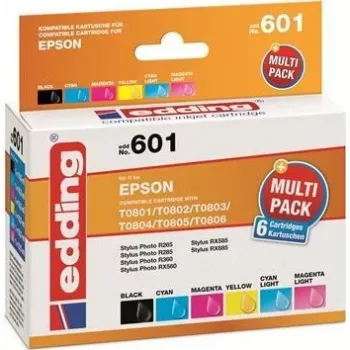 Edding EDD-601 rašalo kasetės, skirtos Epson Stylus Photo P50, suderinamos, rinkinys juoda + žydra + purpurinė + foto žydra + foto purpurinė (6 vnt.)