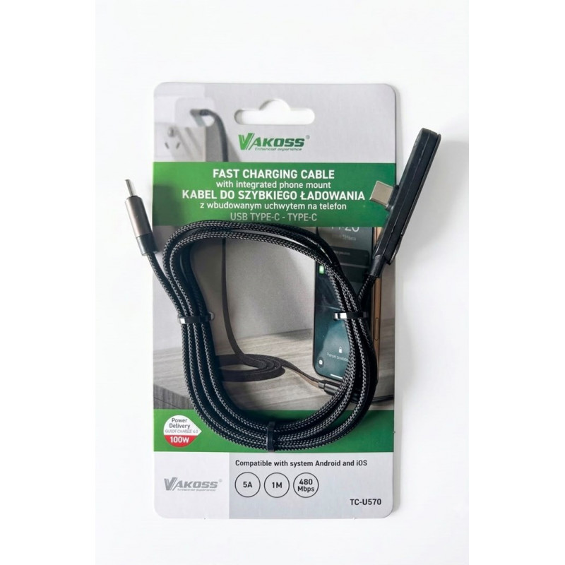 Vakoss TC-U570 USB-C į USB-C kabelis su stovo funkcija, 100 W, 1 m, juodas
