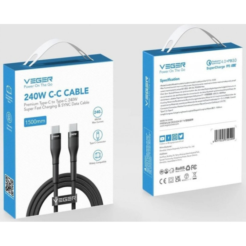 Veger CC03 USB-C–USB-C kabelis, PD 48 V 5 A 240 W, 1,5 m, juodas