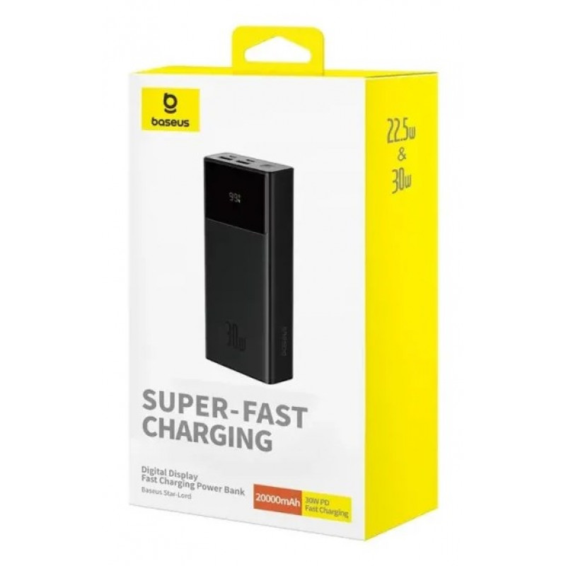 Baseus Star-Lord išorinė baterija, 20000 mAh, 30 W, su ekranu ir kabeliu, juoda