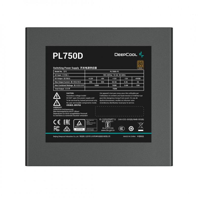 DeepCool PL750D R-PL750D-FC0B-EU maitinimo blokas, 750 W, 20+4 kontaktų ATX, juodas