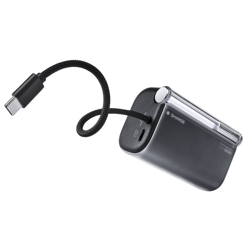 SHARGE Flow 3 išorinė baterija, 10 000 mAh, 45 W PD, USB-C kabelis, juoda