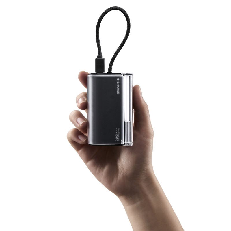 SHARGE Flow 3 išorinė baterija, 10 000 mAh, 45 W PD, USB-C kabelis, juoda