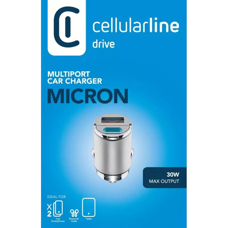 Cellularline Micron 30 W automobilinis įkroviklis, kelių prievadų USB-C/USB-A