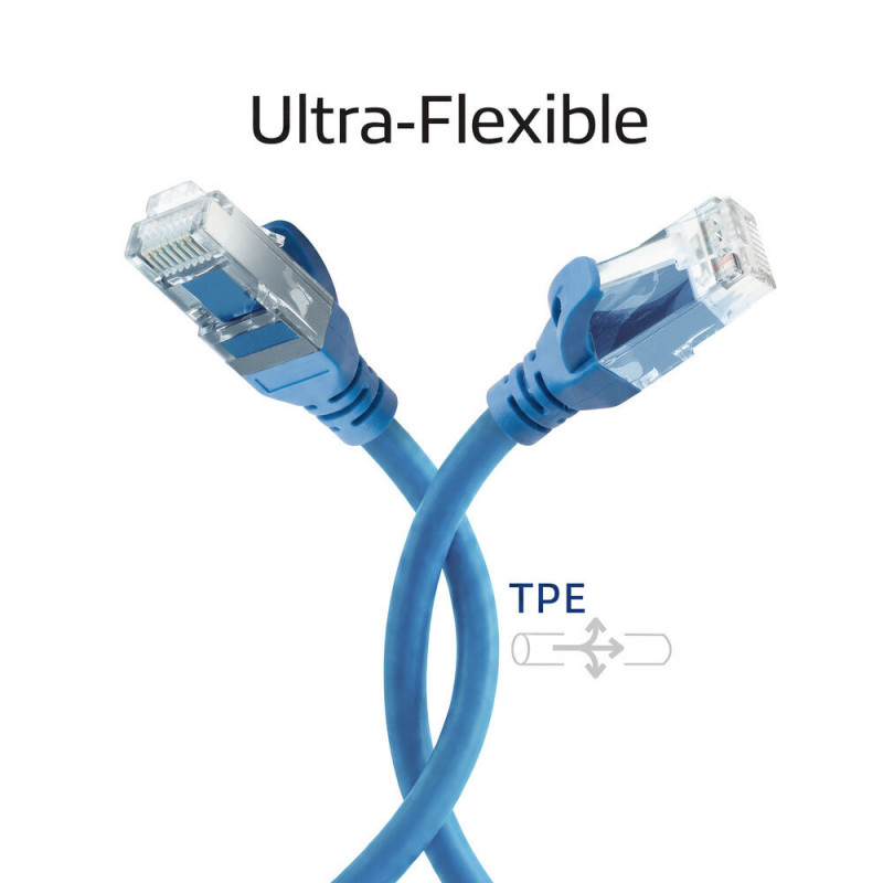 ACT FC1601 ultralankstus CAT6A U/UTP jungiamasis kabelis su RJ45 jungtimis, 1 m, TPE, su apsauga nuo užsikabinimo, mėlynas