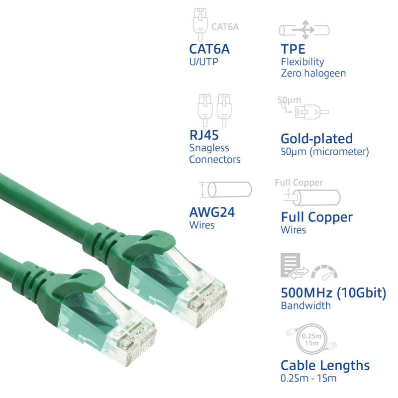 ACT FC1703 U/UTP CAT6A komutacinis kabelis, TPE, itin lankstus, RJ45, 3 m, žalias