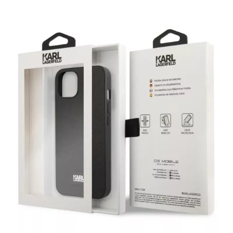 Karl Lagerfeld KLHCP13MSFMP2K kietas dėklas iPhone 13 / 14 / 15, Saffiano Plaque, juodas