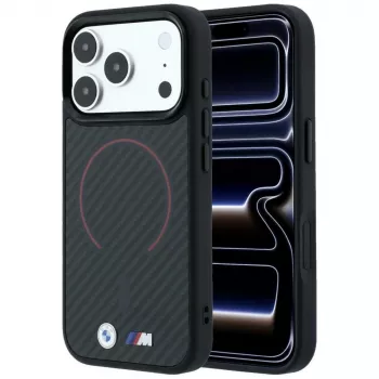 BMW BMW001265 M Kevlar Red Print Ring Metal Logo MagSafe dėklas, skirtas iPhone 18 Pro / 17 Pro, juodas