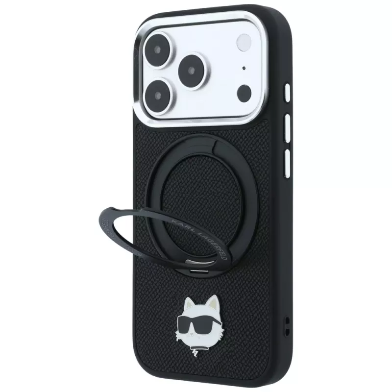 Karl Lagerfeld KF003216 Ring Stand 360 Choupette Head Pin MagSafe dėklas iPhone 18 Pro Max / 17 Pro Max telefonui, juodas