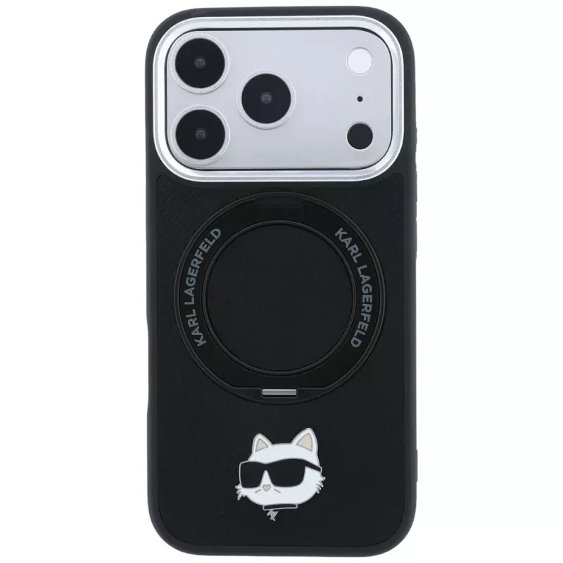 Karl Lagerfeld KF003216 Ring Stand 360 Choupette Head Pin MagSafe dėklas iPhone 18 Pro Max / 17 Pro Max telefonui, juodas