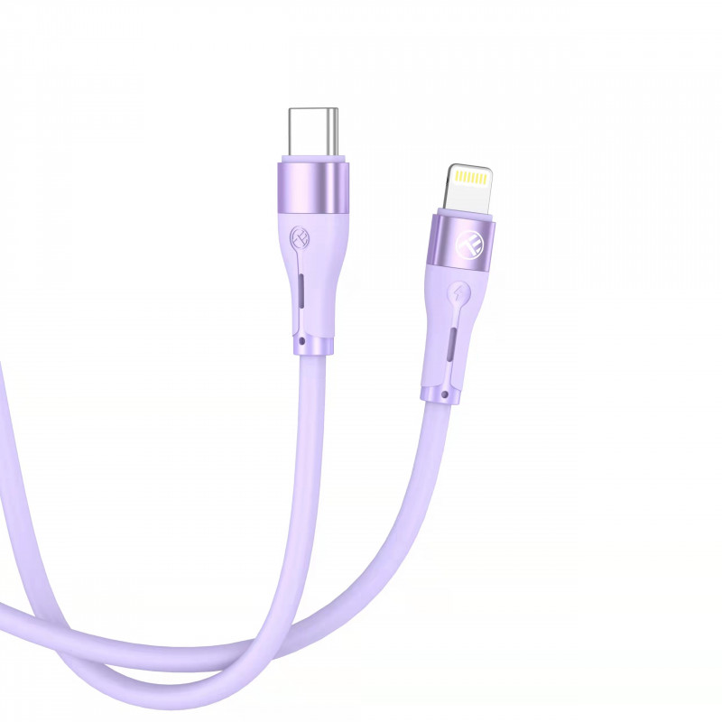 Tellur silikoninis Type-C – Lightning kabelis, PD 30 W, 1 m, violetinis