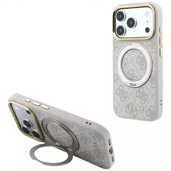 Guess Ring Stand 360 4G Classic Logo dėklas su MagSafe, skirtas iPhone 18 Pro / 17 Pro, rožinis