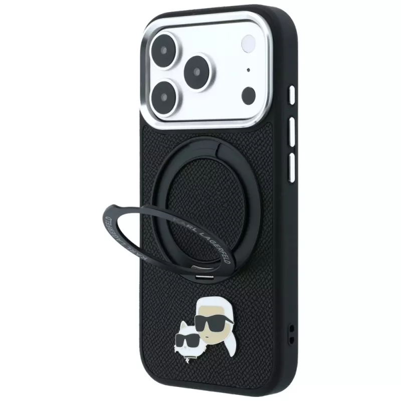 Karl Lagerfeld Ring Stand 360 Karl & Choupette Heads Pin dėklas su MagSafe, skirtas iPhone 18 Pro / 17 Pro, juodas