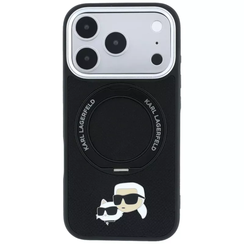 Karl Lagerfeld Ring Stand 360 Karl & Choupette Heads Pin dėklas su MagSafe, skirtas iPhone 18 Pro / 17 Pro, juodas